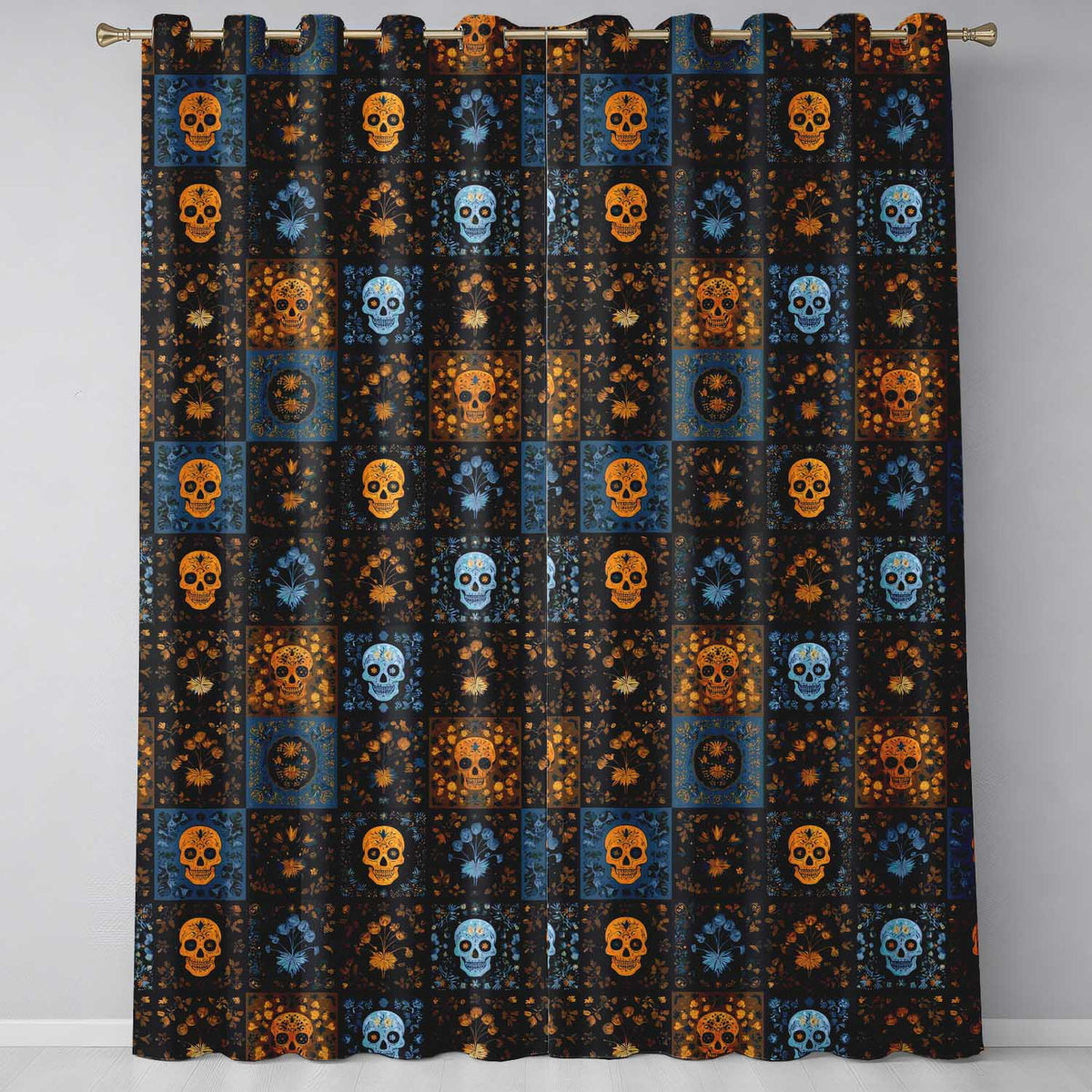 Vintage Skull Floral Patchwork Seamless Pattern Readymade Eyelet Ring Top Thermal 100% Blackout Curtains