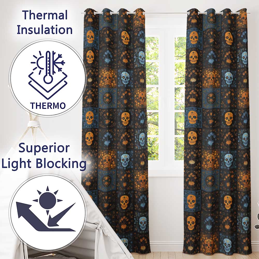 Vintage Skull Floral Patchwork Seamless Pattern Readymade Eyelet Ring Top Thermal 100% Blackout Curtains