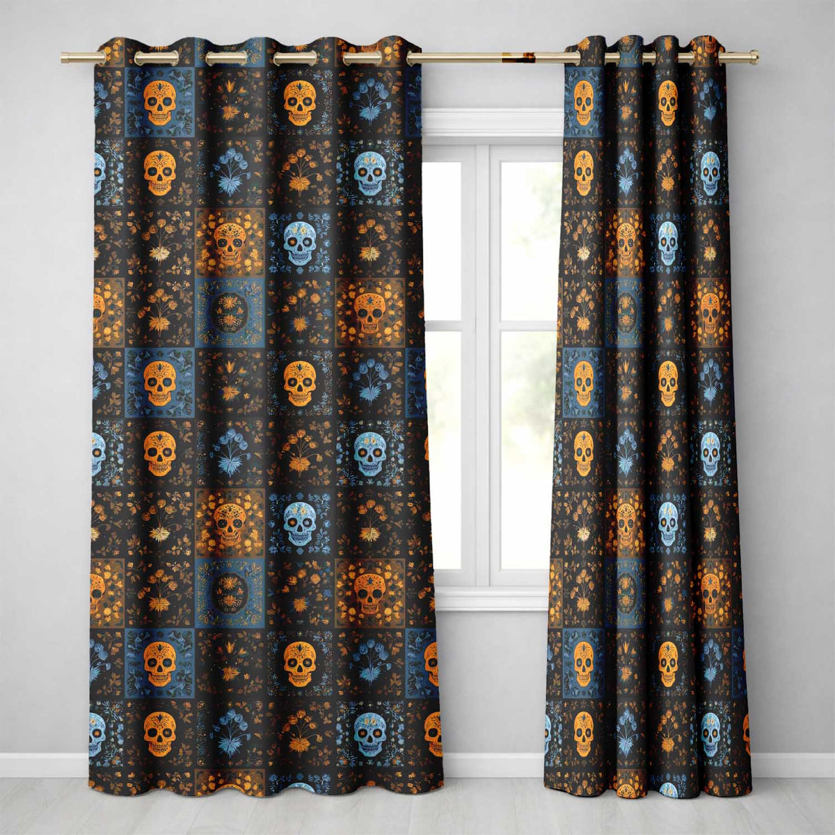 Vintage Skull Floral Patchwork Seamless Pattern Readymade Eyelet Ring Top Thermal 100% Blackout Curtains