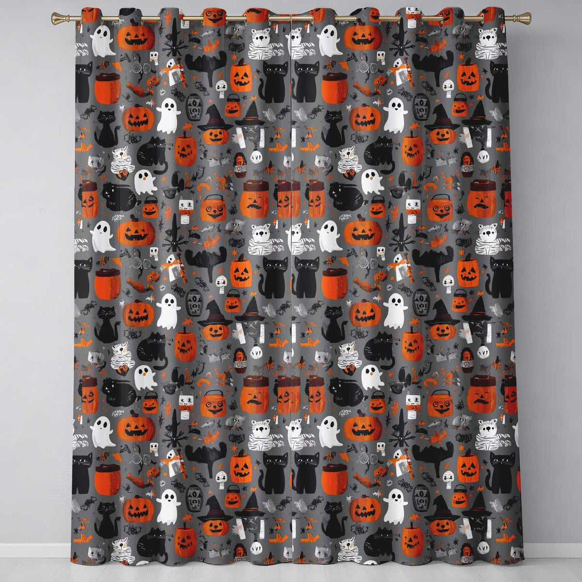 Cute Halloween Ghost Pumpkin Witch Seamless Pattern Readymade Eyelet Ring Top Thermal 100% Blackout Curtains