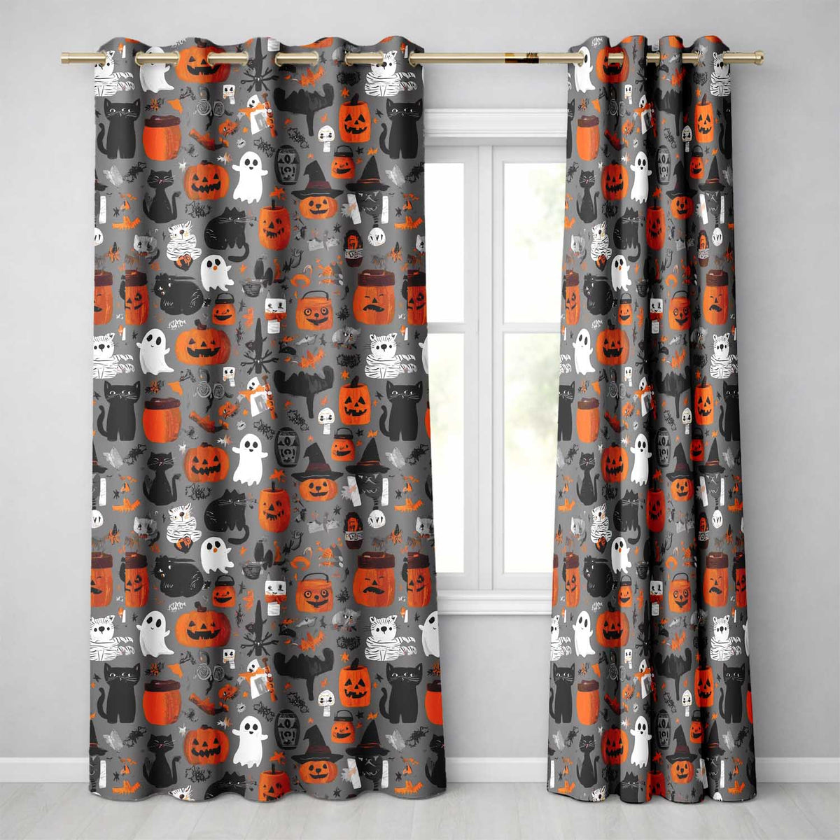 Cute Halloween Ghost Pumpkin Witch Seamless Pattern Readymade Eyelet Ring Top Thermal 100% Blackout Curtains
