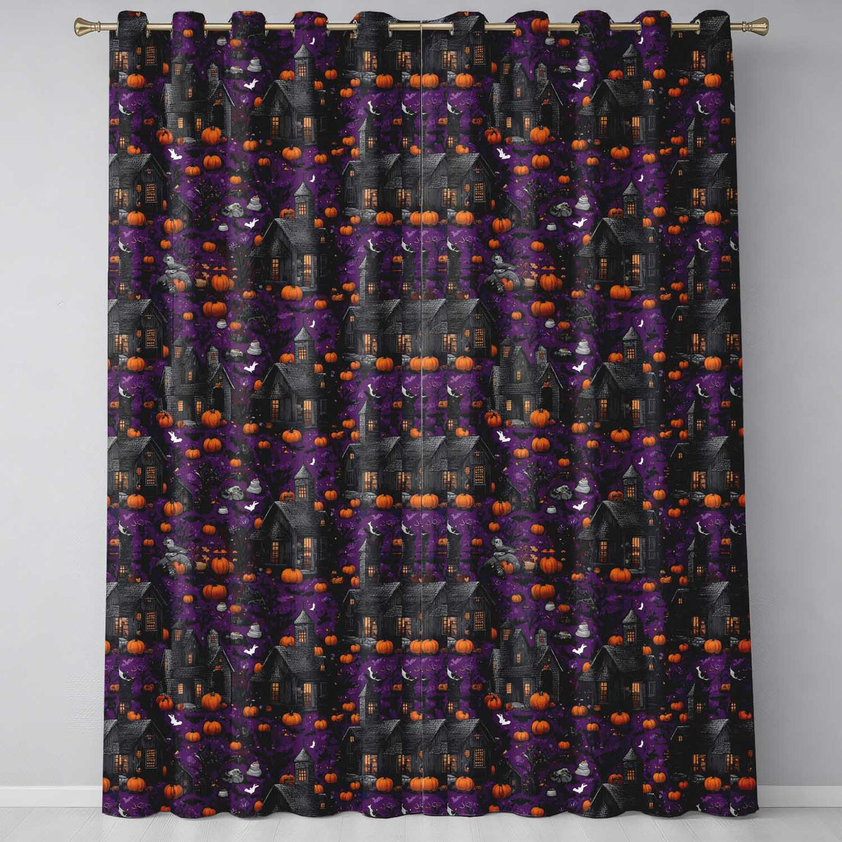 Spooky Haunted Houses Pumpkins Bats Night Seamless Pattern Readymade Eyelet Ring Top Thermal 100% Blackout Curtains