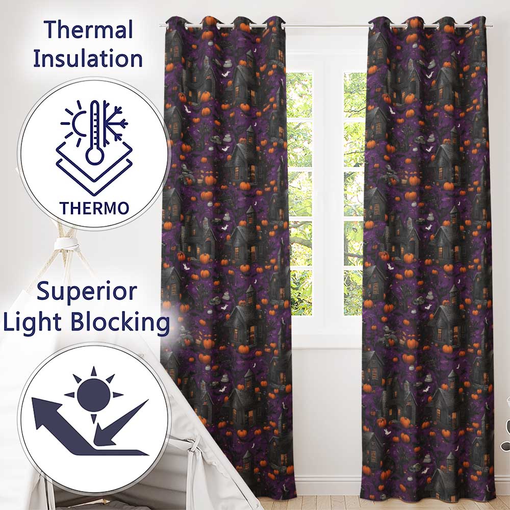 Spooky Haunted Houses Pumpkins Bats Night Seamless Pattern Readymade Eyelet Ring Top Thermal 100% Blackout Curtains