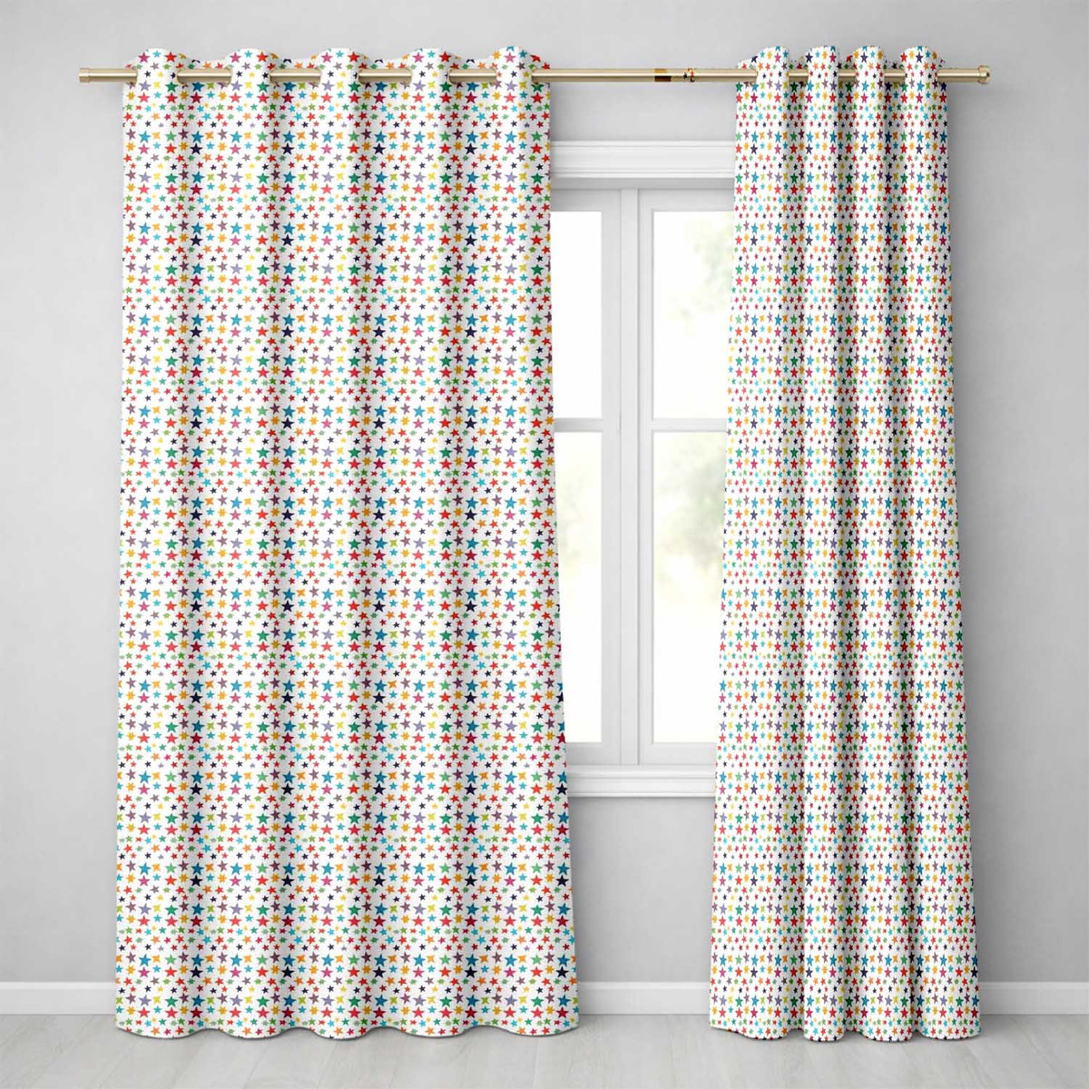 Bright Multicolor Star Scatter Seamless Pattern Readymade Eyelet Ring Top Thermal 100% Blackout Curtains