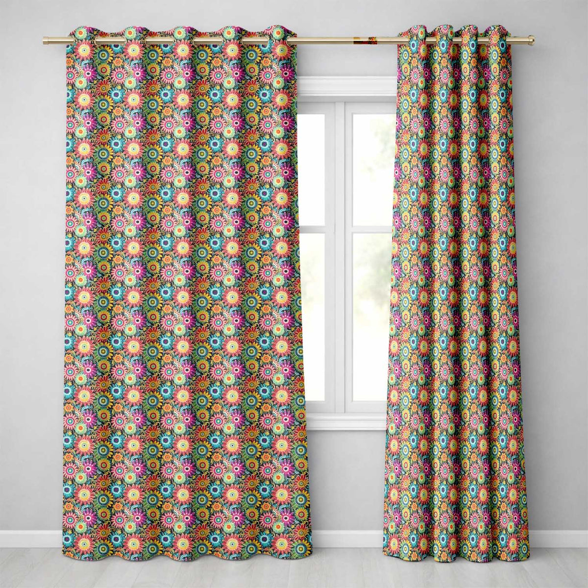Colorful Dense Floral Meadow Bloom Seamless Pattern Readymade Eyelet Ring Top Thermal 100% Blackout Curtains