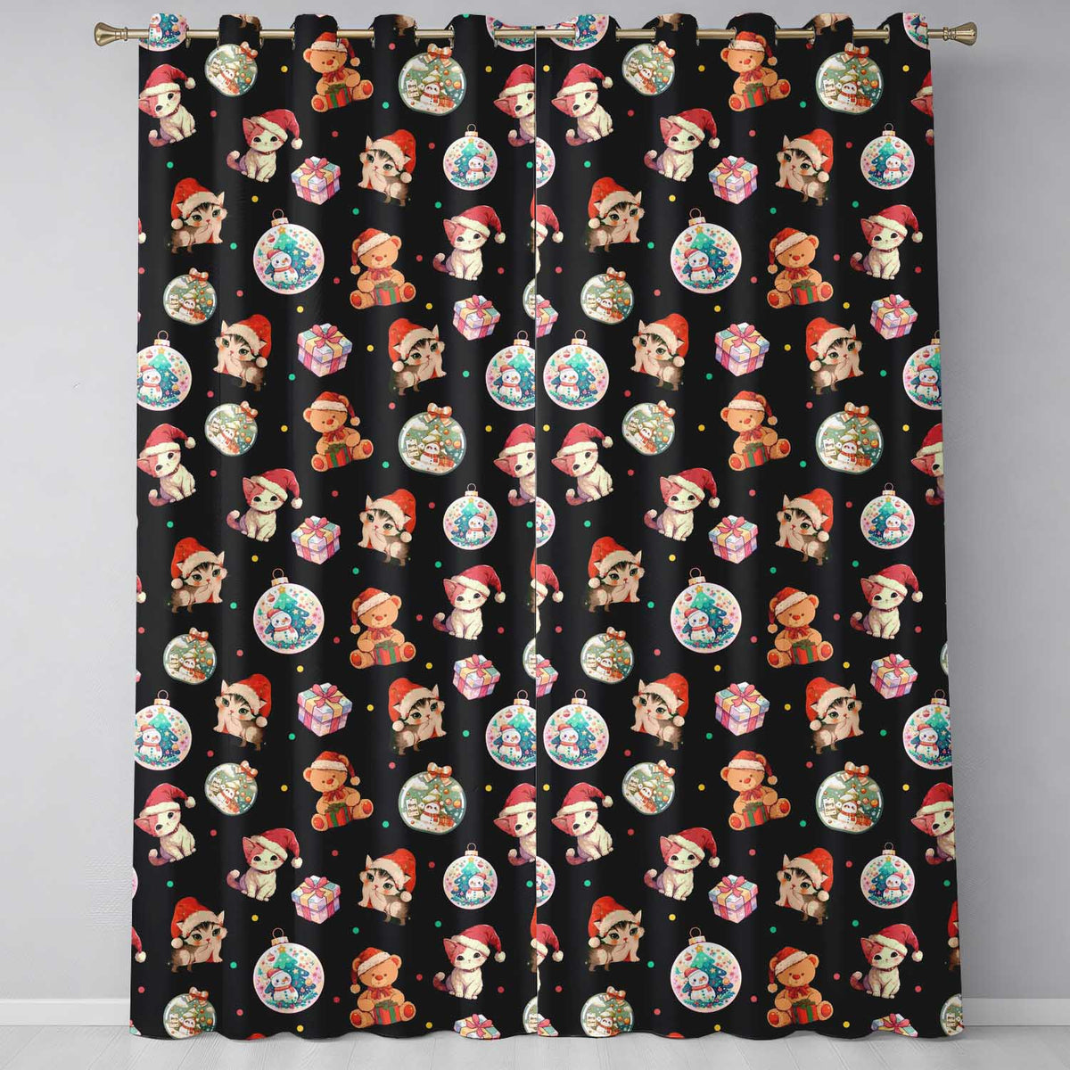 Cute Christmas Cats Teddy Gift Seamless Pattern Readymade Eyelet Ring Top Thermal 100% Blackout Curtains