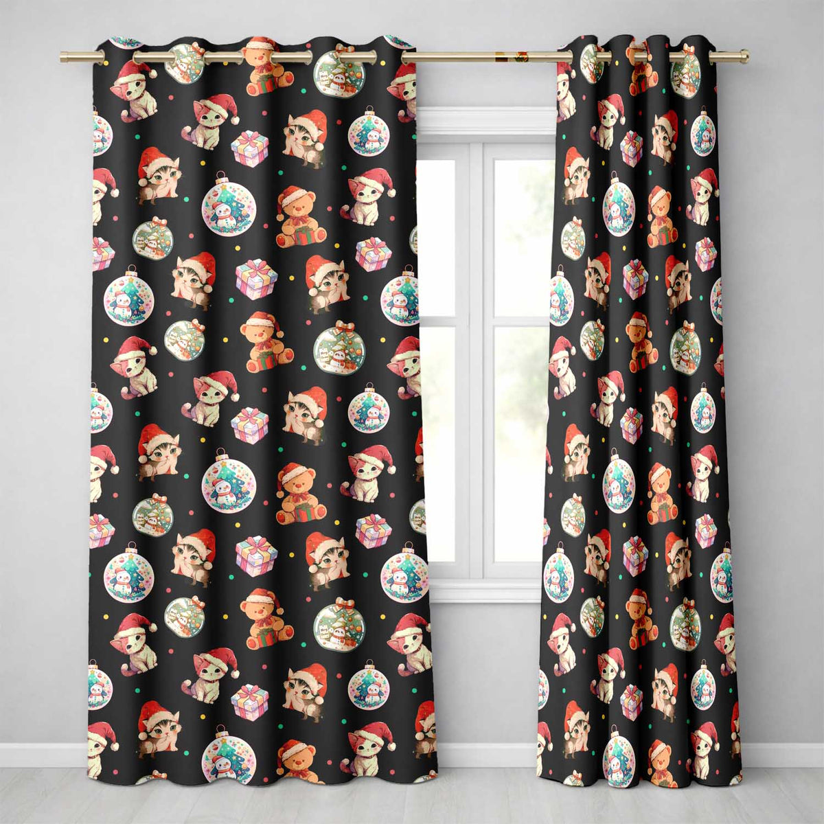Cute Christmas Cats Teddy Gift Seamless Pattern Readymade Eyelet Ring Top Thermal 100% Blackout Curtains
