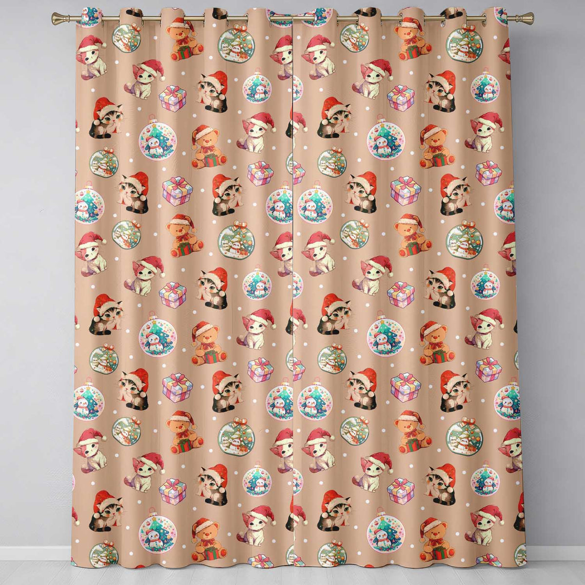 Cute Christmas Cats Teddy Peach Background Seamless Pattern Readymade Eyelet Ring Top Thermal 100% Blackout Curtains