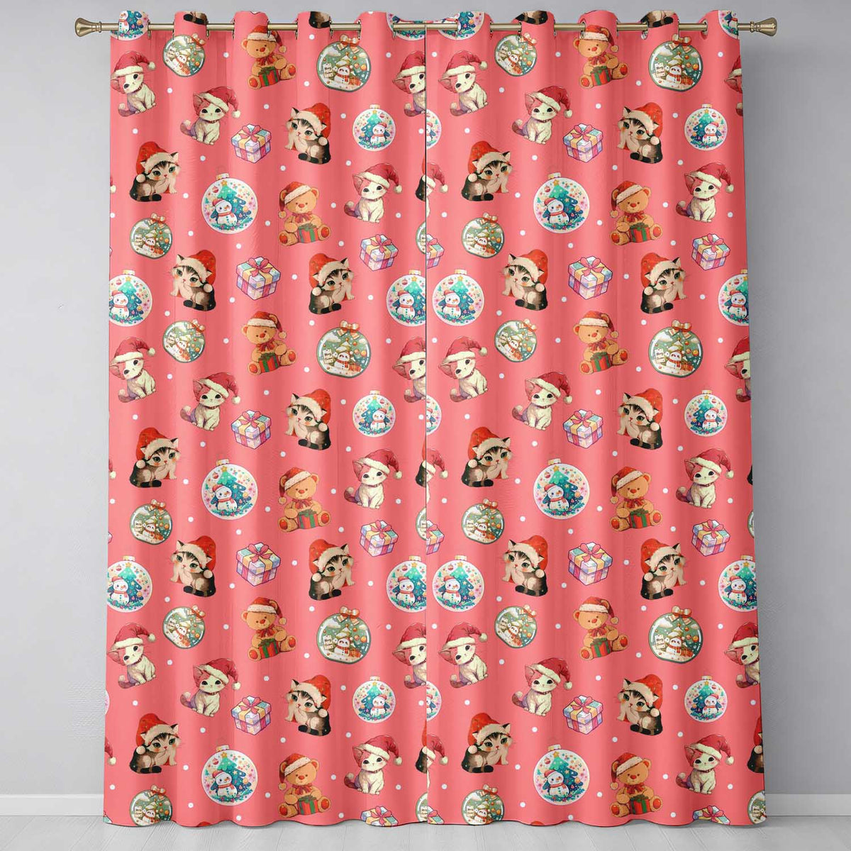 Cute Christmas Cats Teddy Red Background Seamless Pattern Readymade Eyelet Ring Top Thermal 100% Blackout Curtains