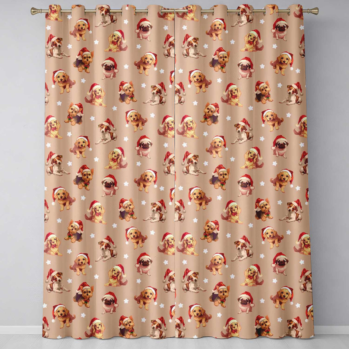 Cute Christmas Dogs Santa Hat Peach Background Seamless Pattern Readymade Eyelet Ring Top Thermal 100% Blackout Curtains