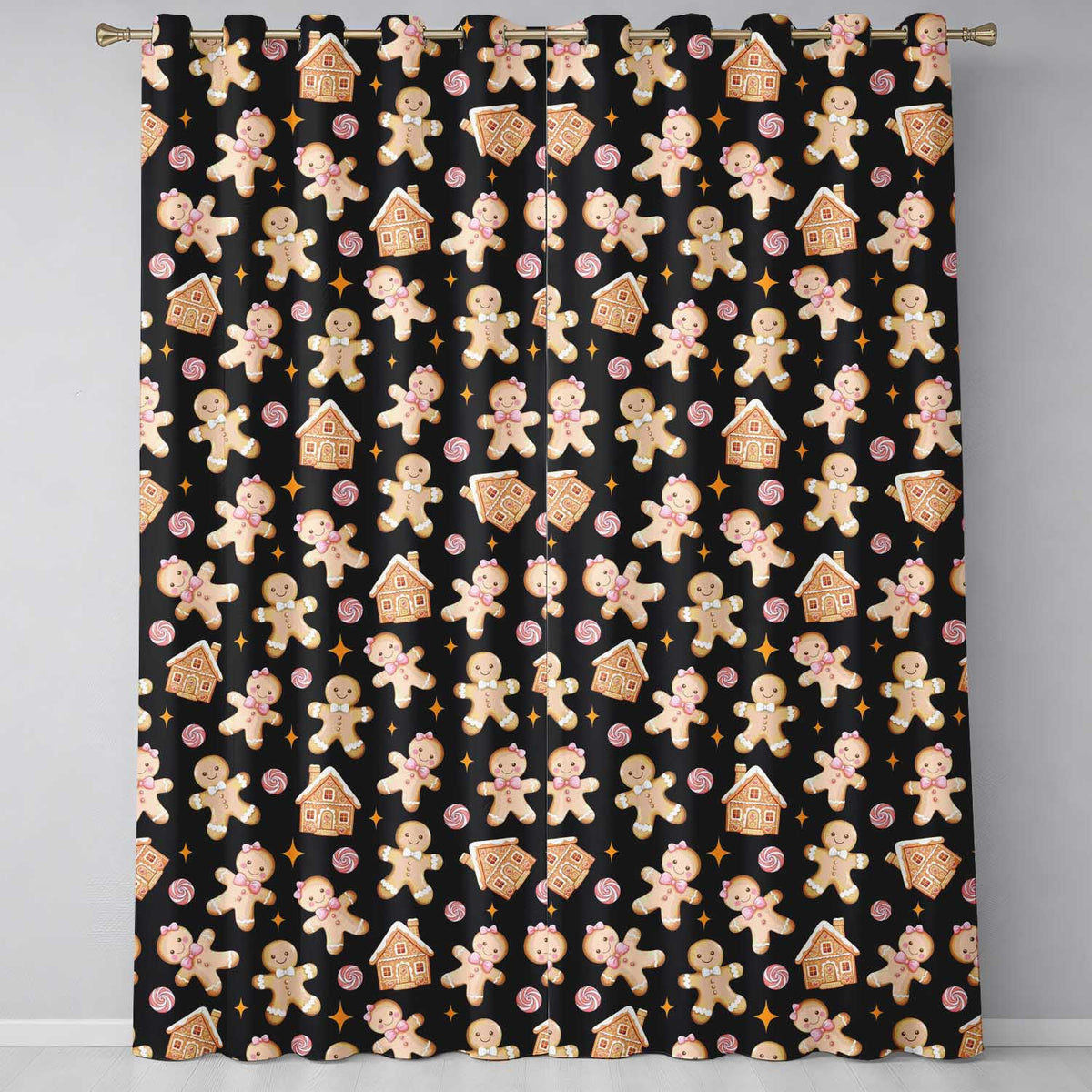 Cute Gingerbread Cookies Candy House Black Seamless Pattern Readymade Eyelet Ring Top Thermal 100% Blackout Curtains