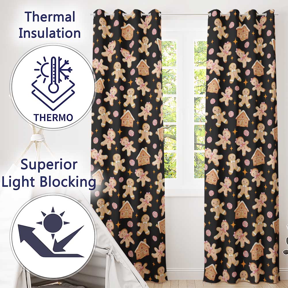 Cute Gingerbread Cookies Candy House Black Seamless Pattern Readymade Eyelet Ring Top Thermal 100% Blackout Curtains
