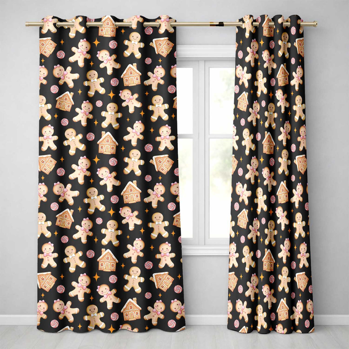 Cute Gingerbread Cookies Candy House Black Seamless Pattern Readymade Eyelet Ring Top Thermal 100% Blackout Curtains
