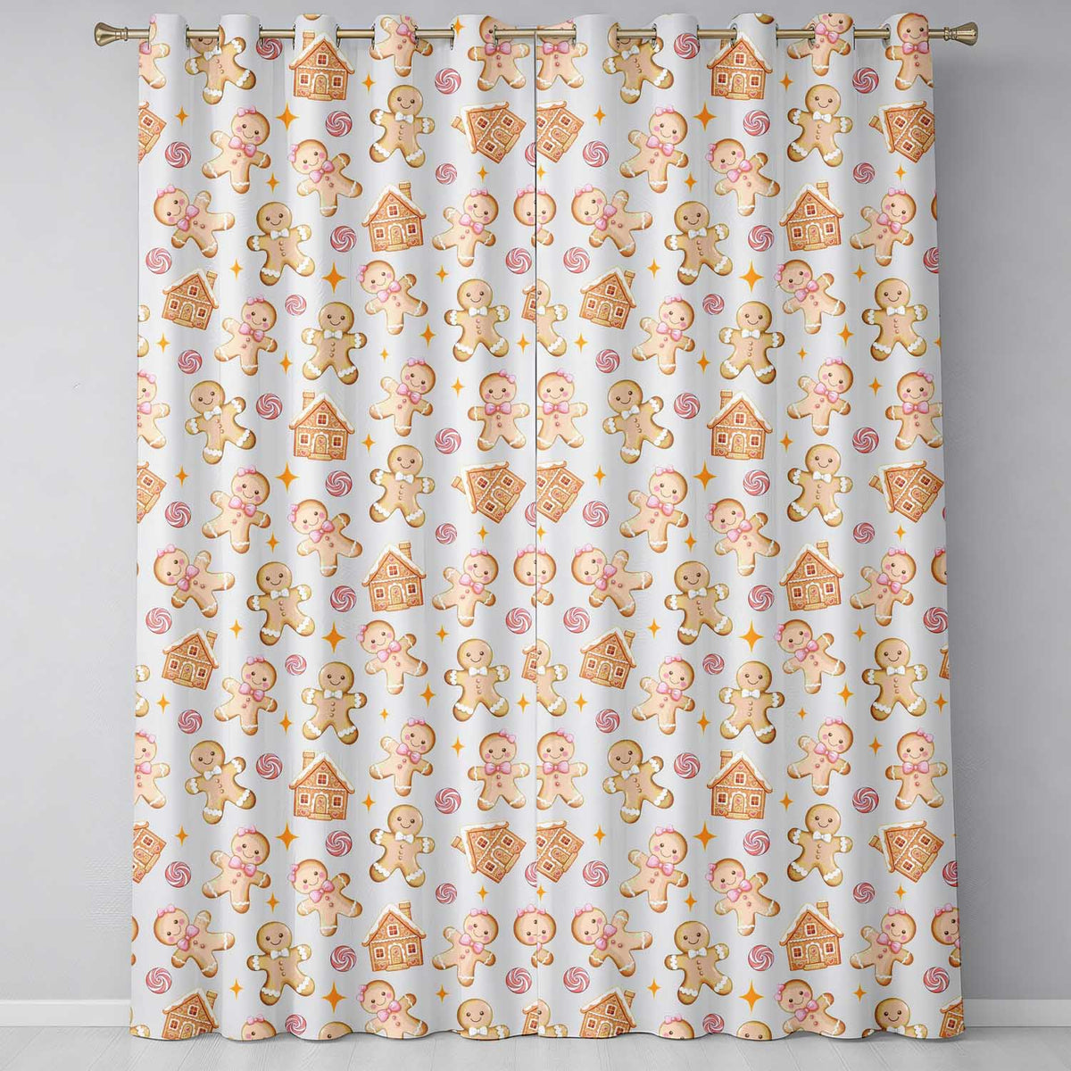 Cute Gingerbread Cookies Candy House Cream Background Seamless Pattern Readymade Eyelet Ring Top Thermal 100% Blackout Curtains