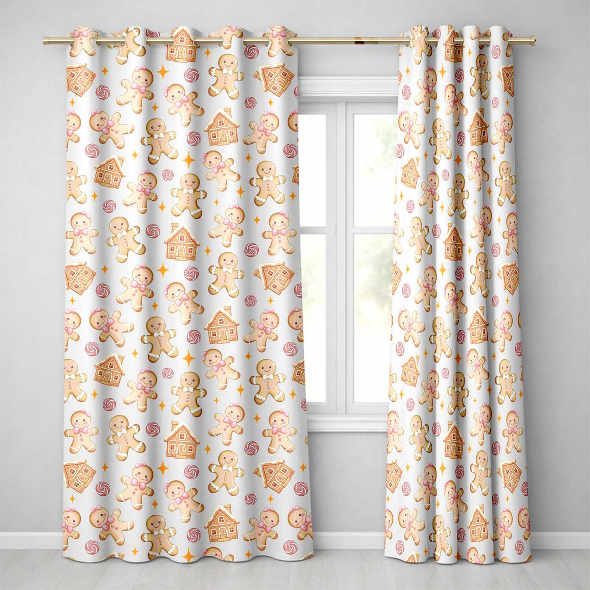 Cute Gingerbread Cookies Candy House Cream Background Seamless Pattern Readymade Eyelet Ring Top Thermal 100% Blackout Curtains