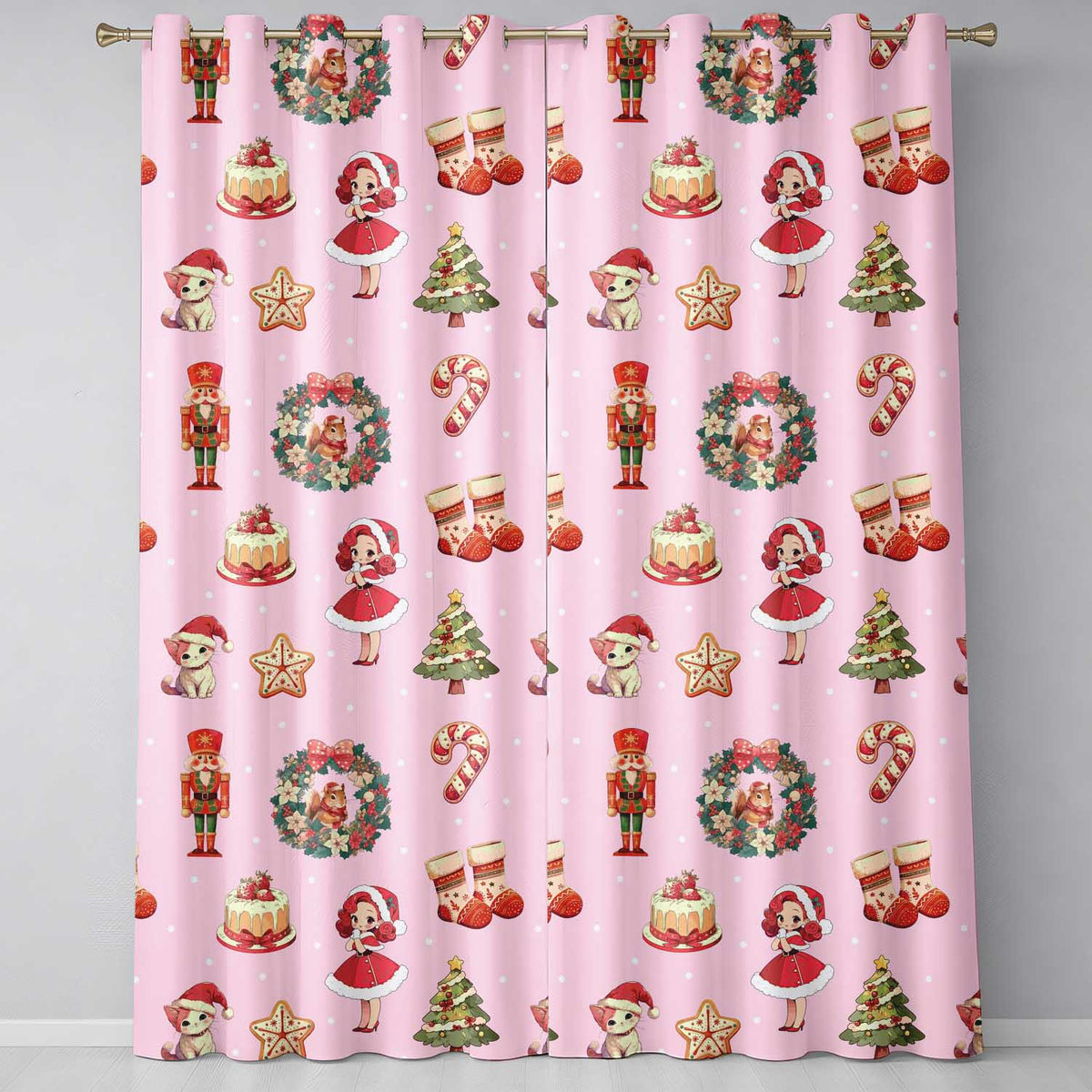 Christmas Nutcracker Wreath Cake Girl Soft Pink Background Seamless Pattern Readymade Eyelet Ring Top Thermal 100% Blackout Curtains