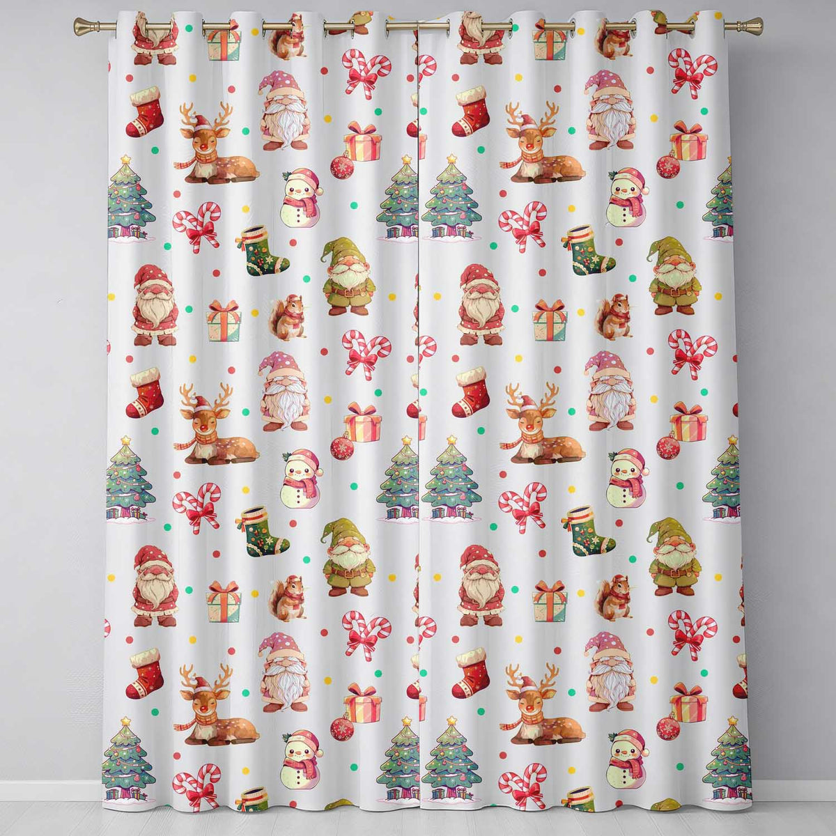 Cute Christmas Gnome Reindeer Snowman Gift Cream Background Seamless Pattern Readymade Eyelet Ring Top Thermal 100% Blackout Curtains