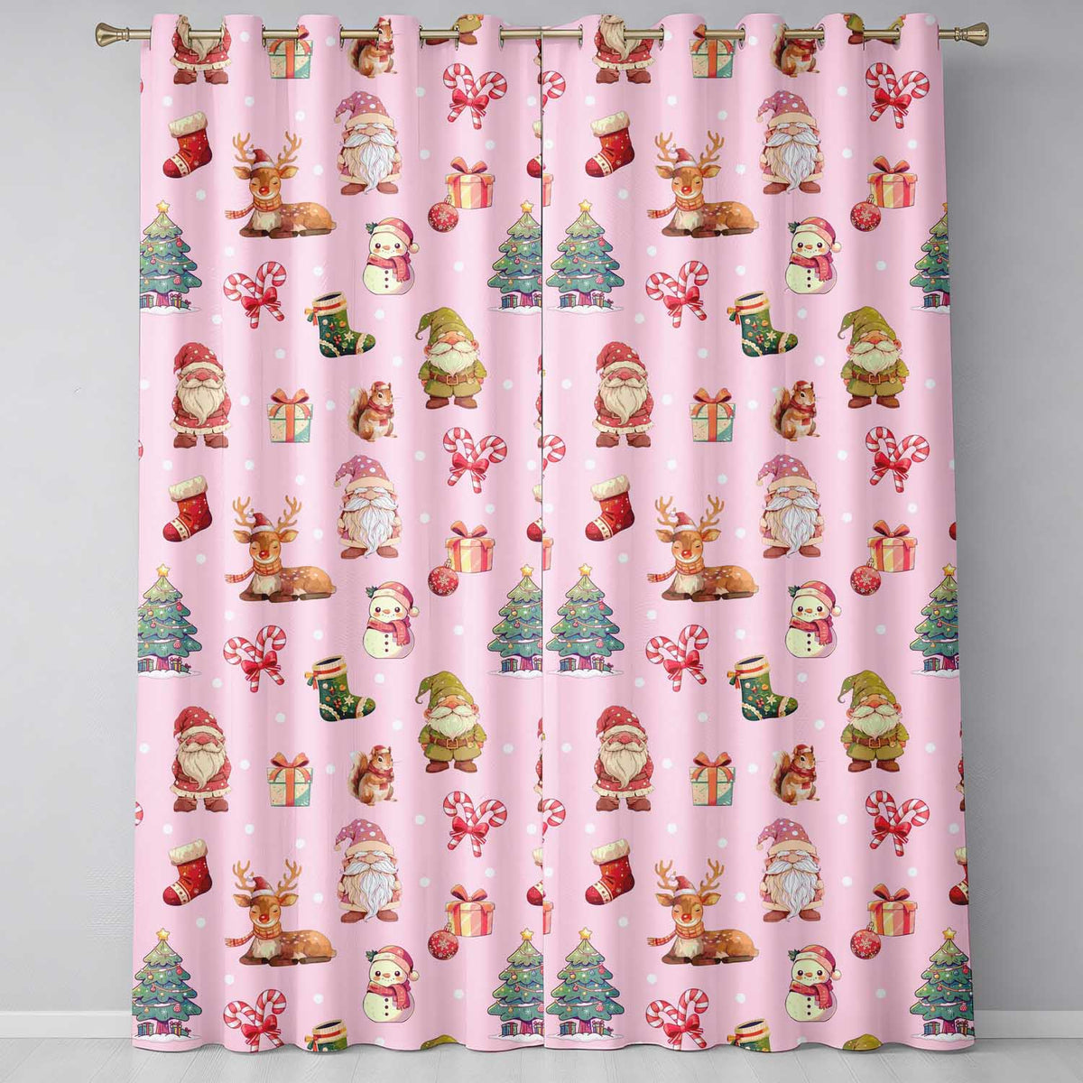 Cute Christmas Gnome Reindeer Snowman Gift Pink Background Seamless Pattern Readymade Eyelet Ring Top Thermal 100% Blackout Curtains