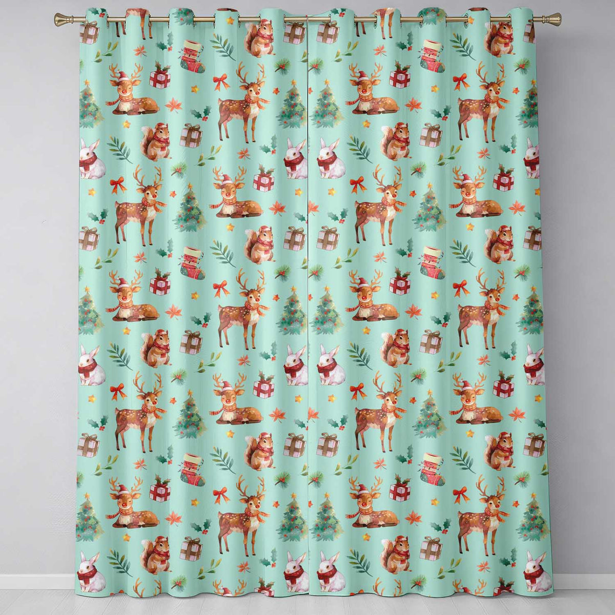 Cute Christmas Deer Squirrel Leaves Gift Pattern Teal Background Seamless Readymade Eyelet Ring Top Thermal 100% Blackout Curtains