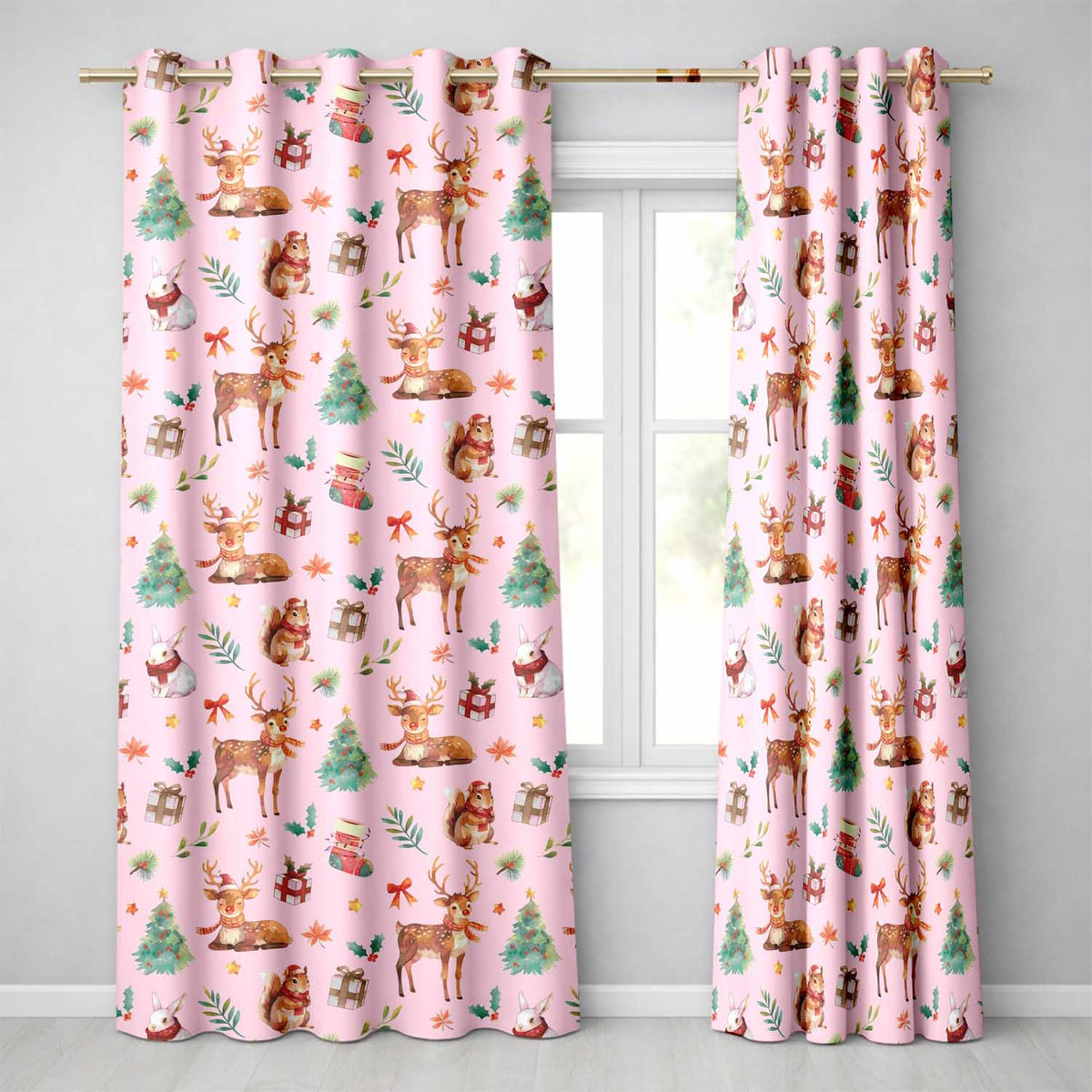 Cute Christmas Deer Squirrel Leaves Gift Pattern Pink Background Seamless Readymade Eyelet Ring Top Thermal 100% Blackout Curtains