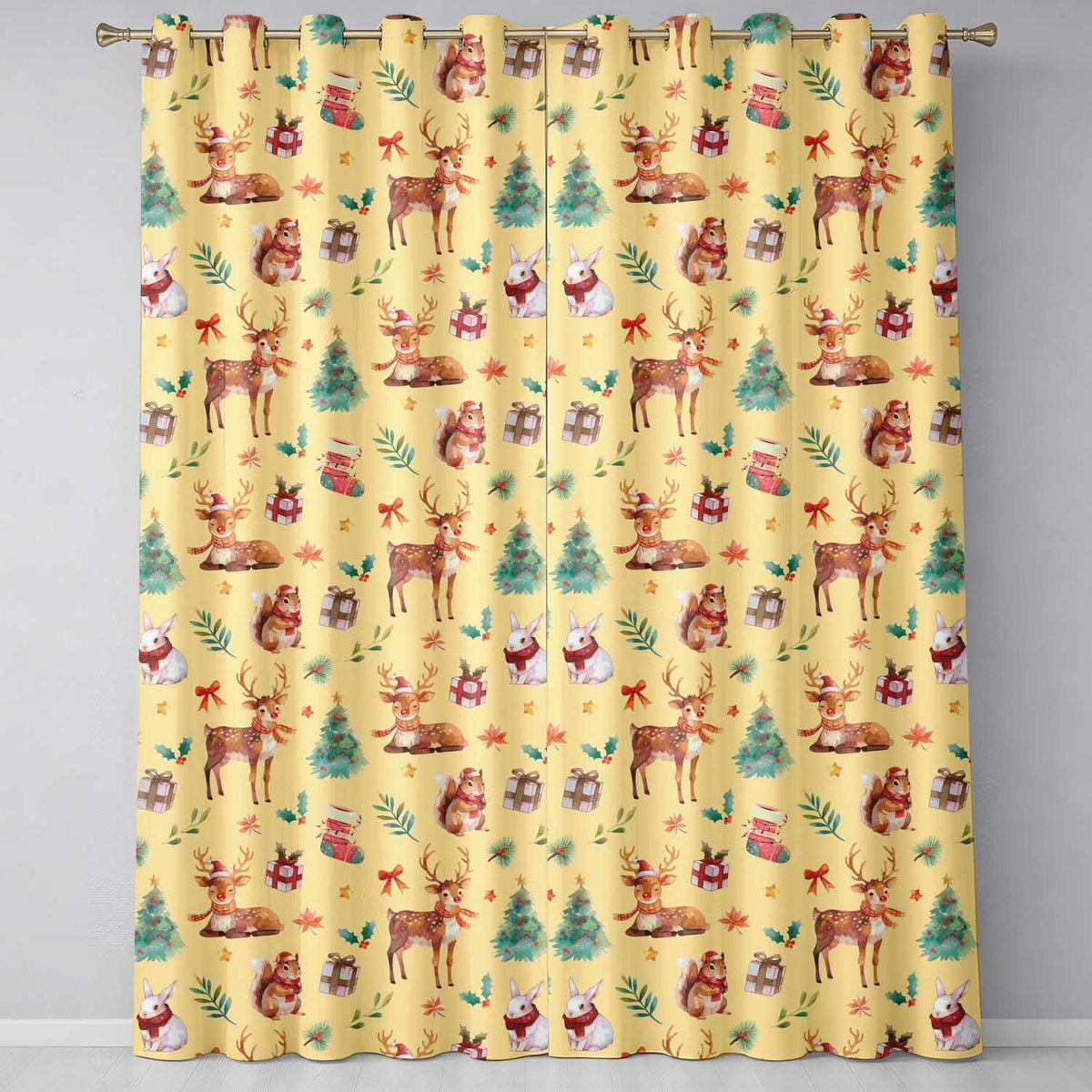 Cute Christmas Deer Squirrel Leaves Gift Pattern Yellow Background Seamless Readymade Eyelet Ring Top Thermal 100% Blackout Curtains