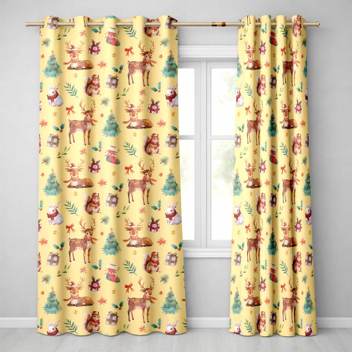 Cute Christmas Deer Squirrel Leaves Gift Pattern Yellow Background Seamless Readymade Eyelet Ring Top Thermal 100% Blackout Curtains