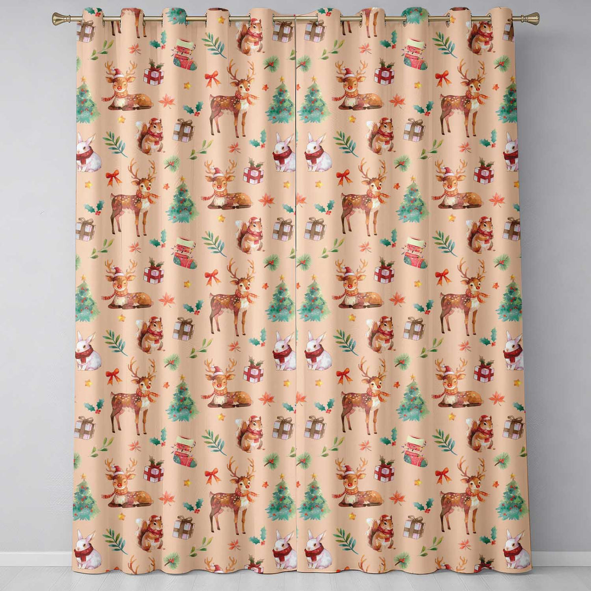 Christmas Deer Squirrel Holly Leaves Gift Seamless Pattern Beige Background Readymade Eyelet Ring Top Thermal 100% Blackout Curtains