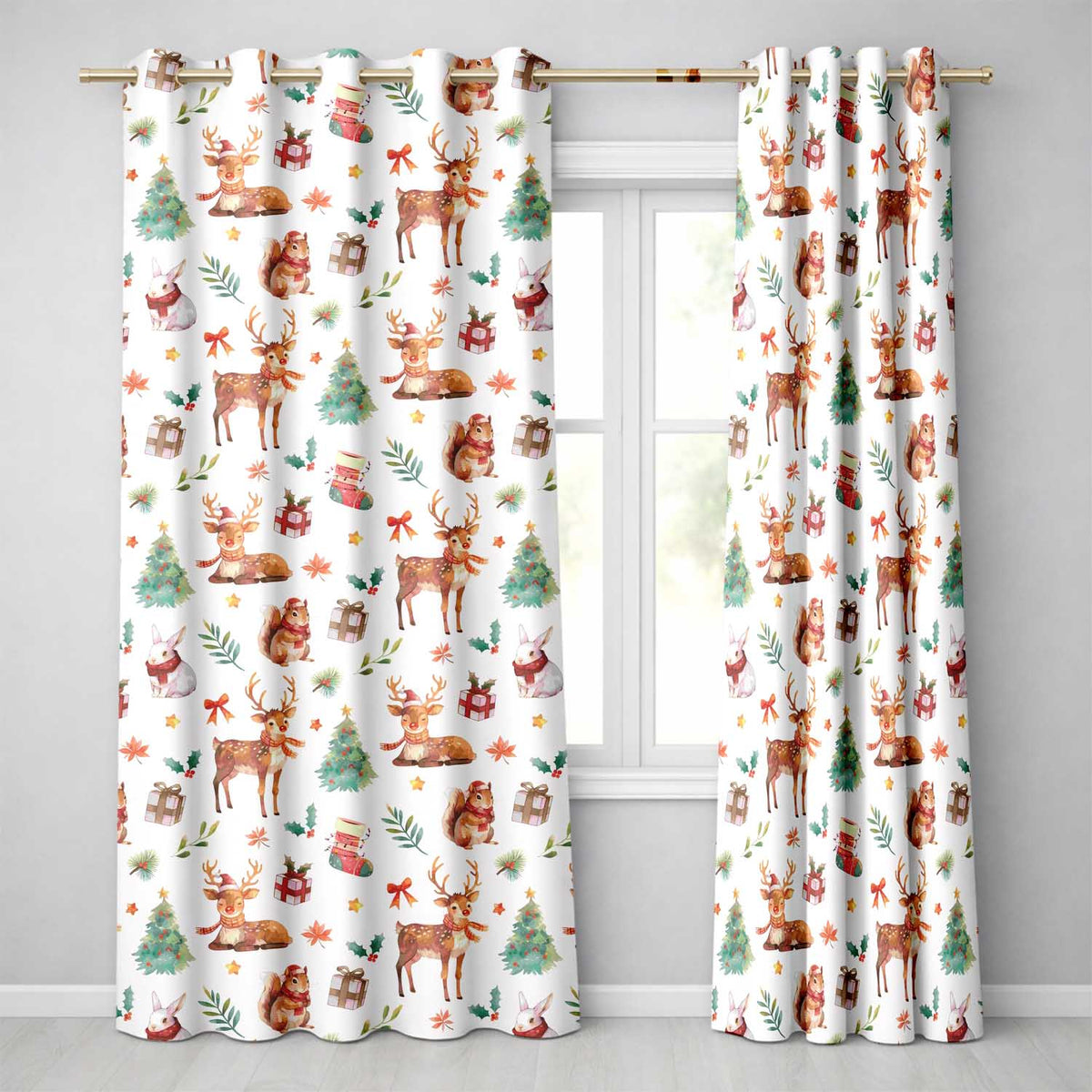 Cute Christmas Deer Squirrel Holly Leaves Gift Seamless Pattern Grey Background Readymade Eyelet Ring Top Thermal 100% Blackout Curtains