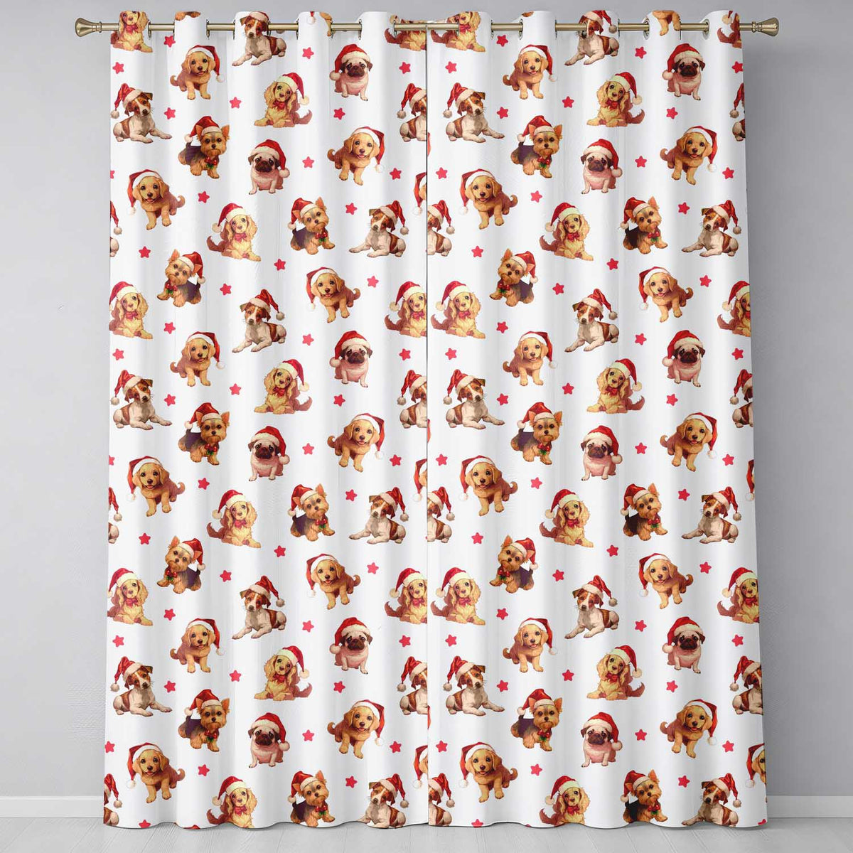 Cute Christmas Puppies in Santa Hats Seamless Pattern White Background Readymade Eyelet Ring Top Thermal 100% Blackout Curtains