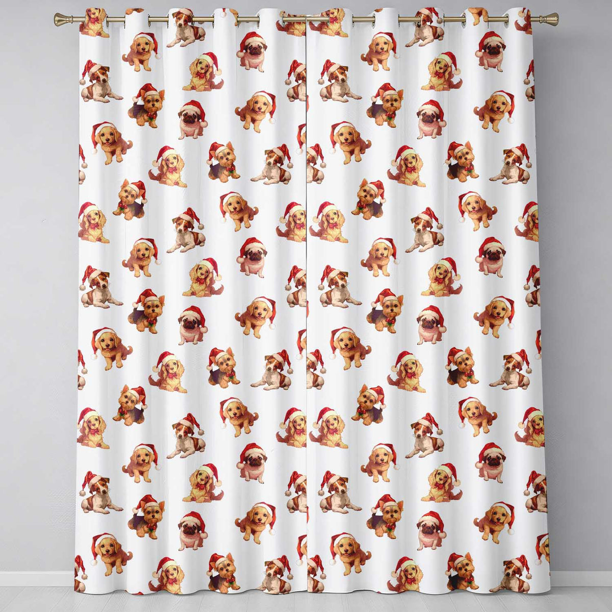 Cute Christmas Puppies in Santa Hats Seamless Pattern Background Readymade Eyelet Ring Top Thermal 100% Blackout Curtains