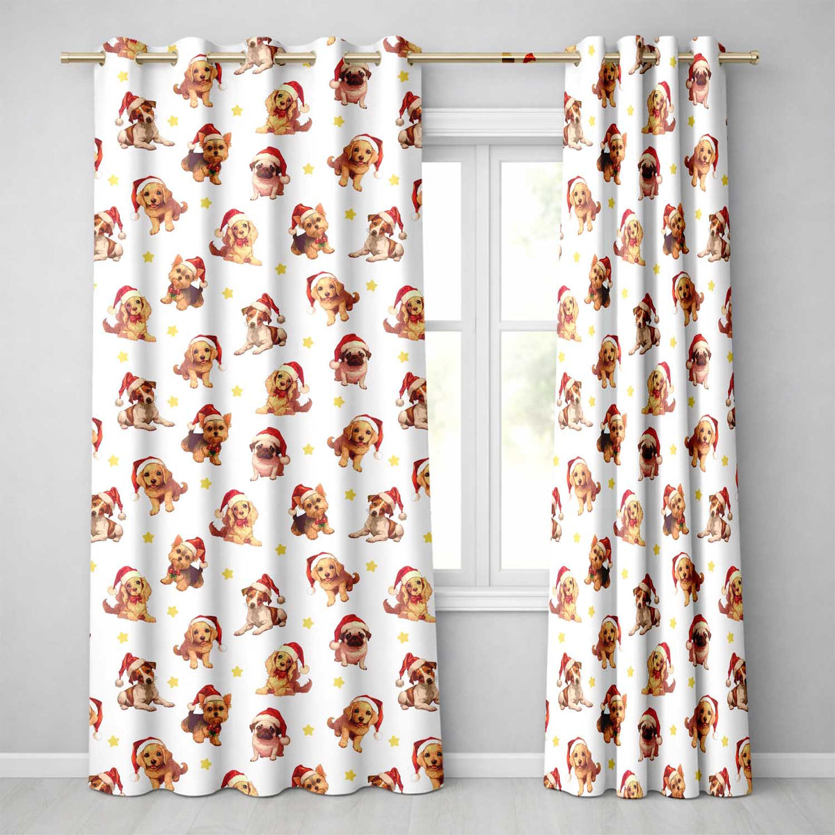 Cute Christmas Puppies in Santa Hats Seamless Pattern Soft Grey Background Readymade Eyelet Ring Top Thermal 100% Blackout Curtains