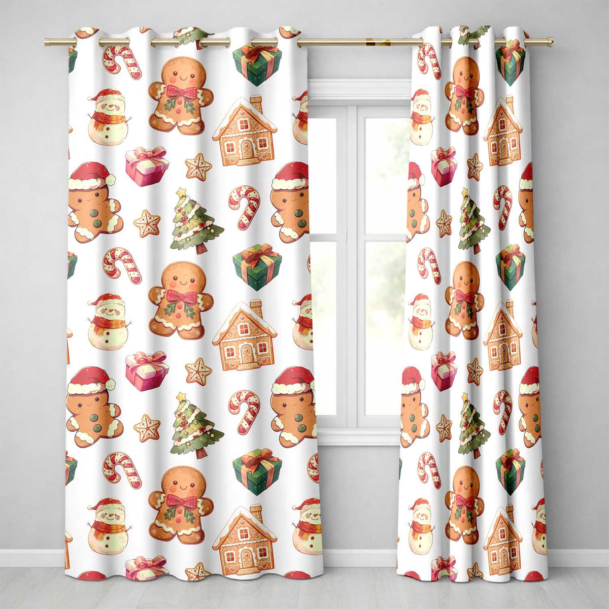 Cute Gingerbread Cookies Candy Sweets House Seamless Pattern Dot Background Readymade Eyelet Ring Top Thermal 100% Blackout Curtains