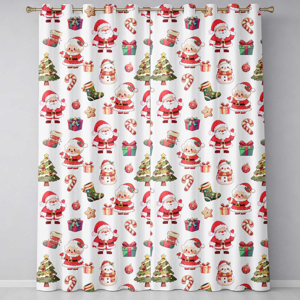 Cute Santa Claus Mrs Claus Snowman Gift Christmas Seamless Pattern Readymade Eyelet Ring Top Thermal 100% Blackout Curtains
