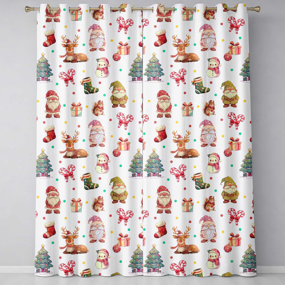Cute Christmas Gnome Reindeer Squirrel Gift Candy Cane Seamless Pattern Readymade Eyelet Ring Top Thermal 100% Blackout Curtains
