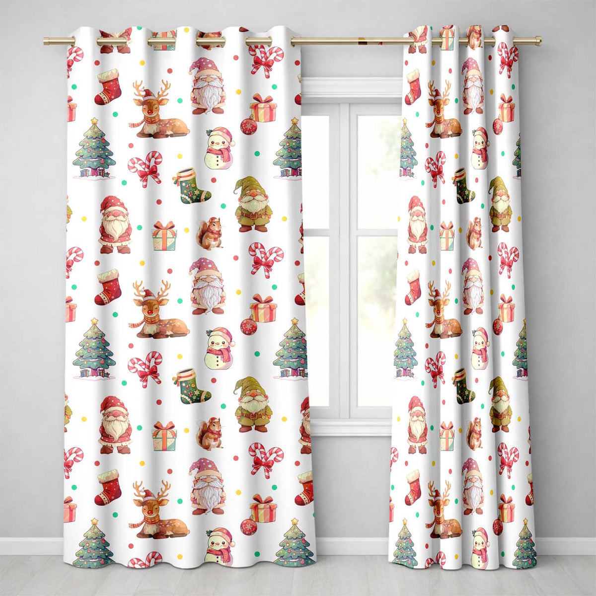 Cute Christmas Gnome Reindeer Squirrel Gift Candy Cane Seamless Pattern Readymade Eyelet Ring Top Thermal 100% Blackout Curtains