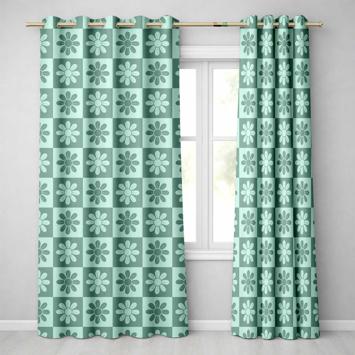 Cute Green Daisy Checkerboard Floral Seamless Pattern Readymade Eyelet Ring Top Thermal 100% Blackout Curtains
