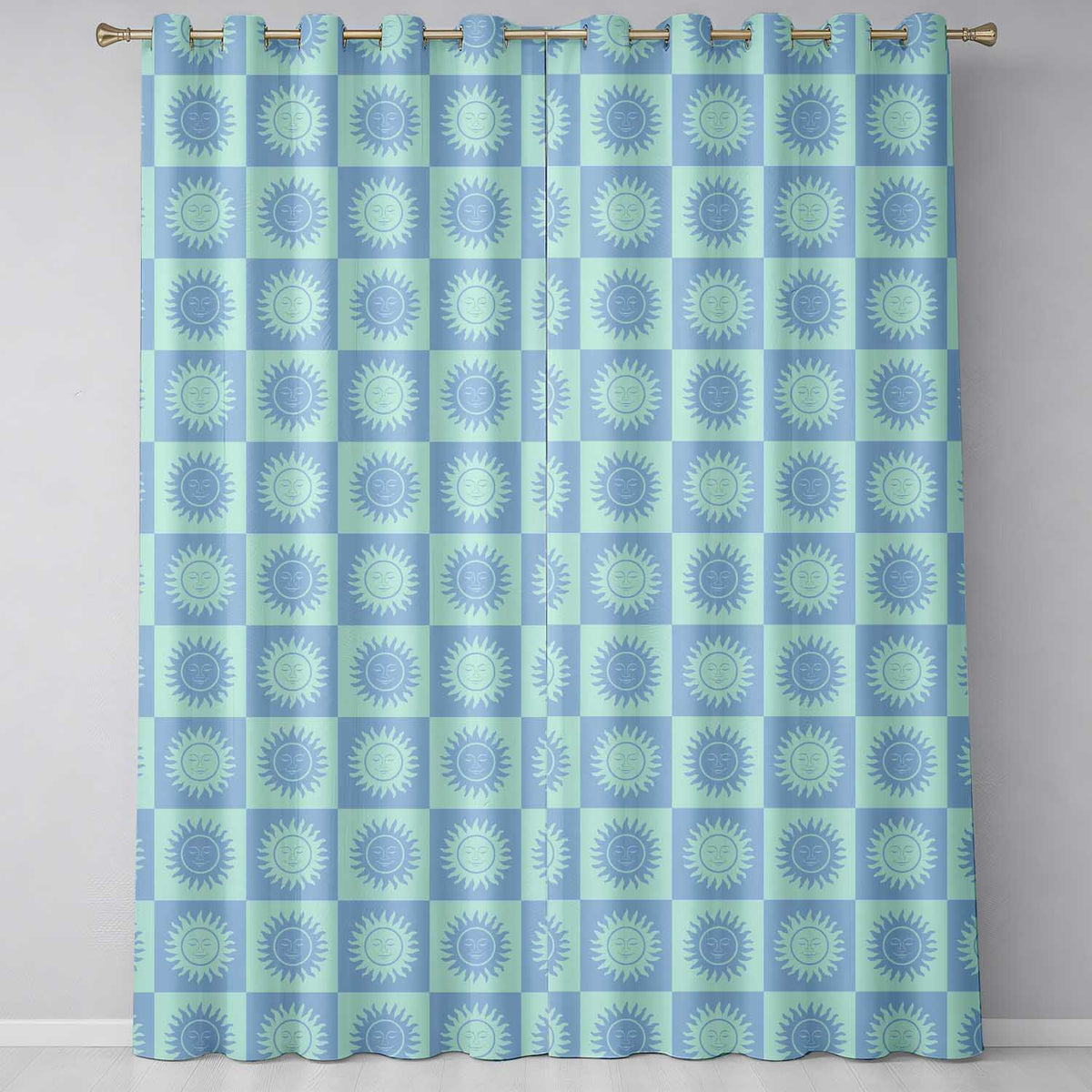 Cute Blue Pastel Sun Face Checkerboard Celestial Seamless Pattern Readymade Eyelet Ring Top Thermal 100% Blackout Curtains