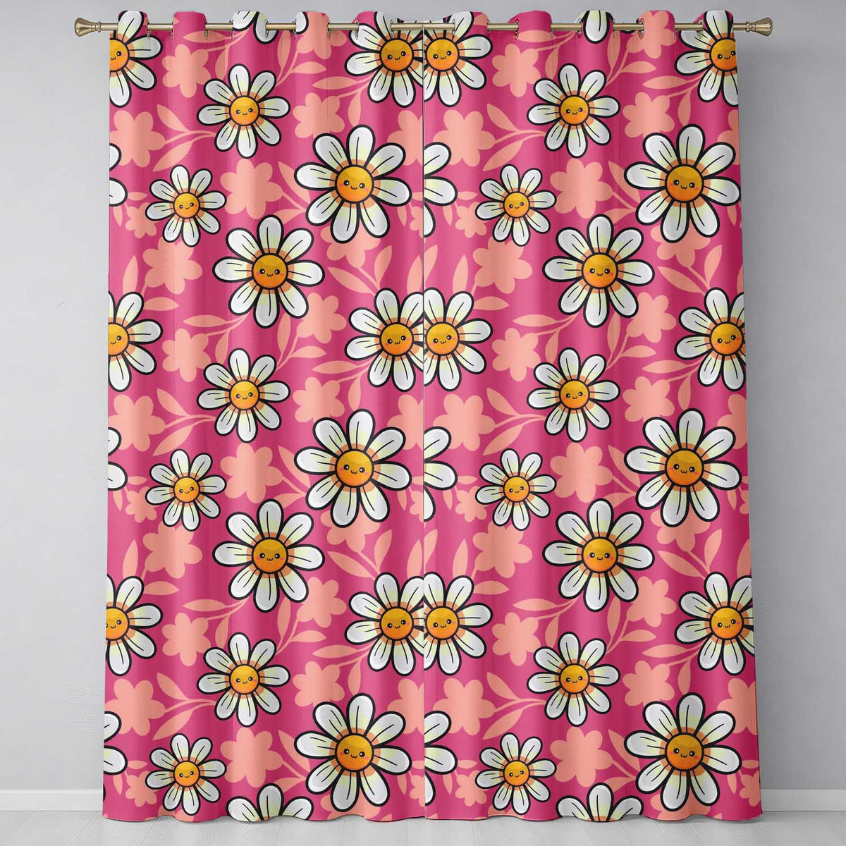 Cute Kawaii Daisy Flowers Pink Background Seamless Pattern Readymade Eyelet Ring Top Thermal 100% Blackout Curtains