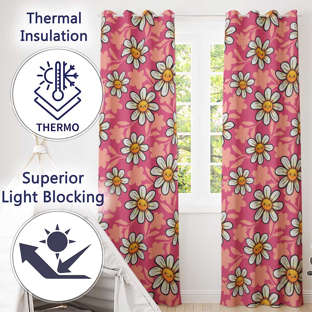 Cute Kawaii Daisy Flowers Pink Background Seamless Pattern Readymade Eyelet Ring Top Thermal 100% Blackout Curtains