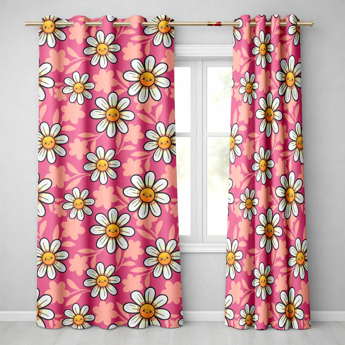 Cute Kawaii Daisy Flowers Pink Background Seamless Pattern Readymade Eyelet Ring Top Thermal 100% Blackout Curtains