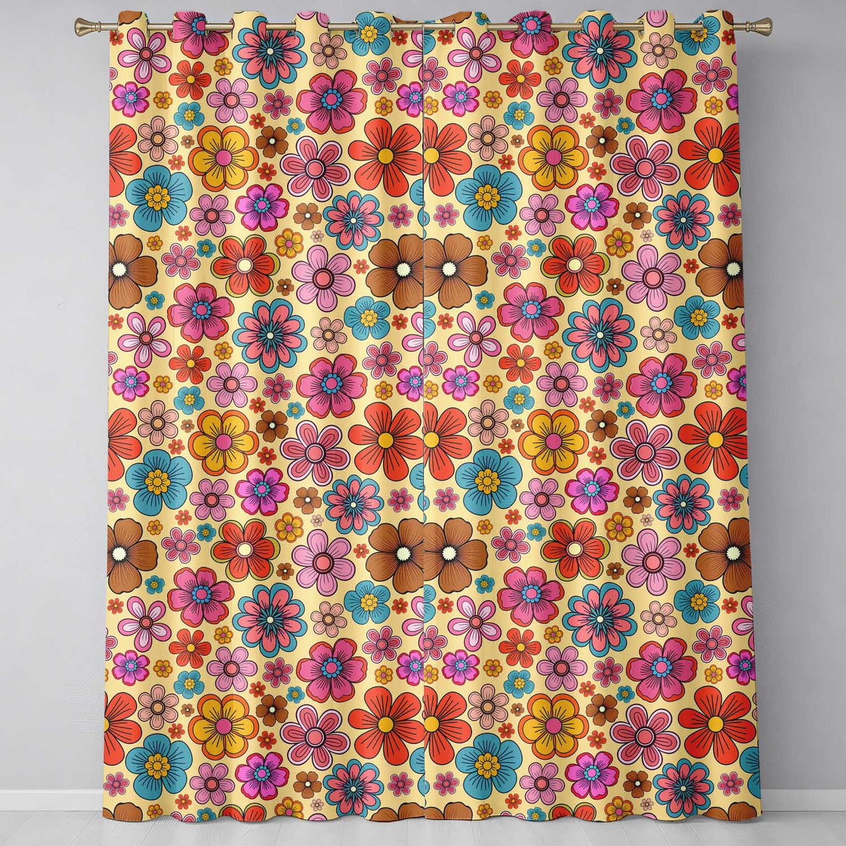 Cute Multicolor Floral Bloom Warm Beige Seamless Pattern Readymade Eyelet Ring Top Thermal 100% Blackout Curtains