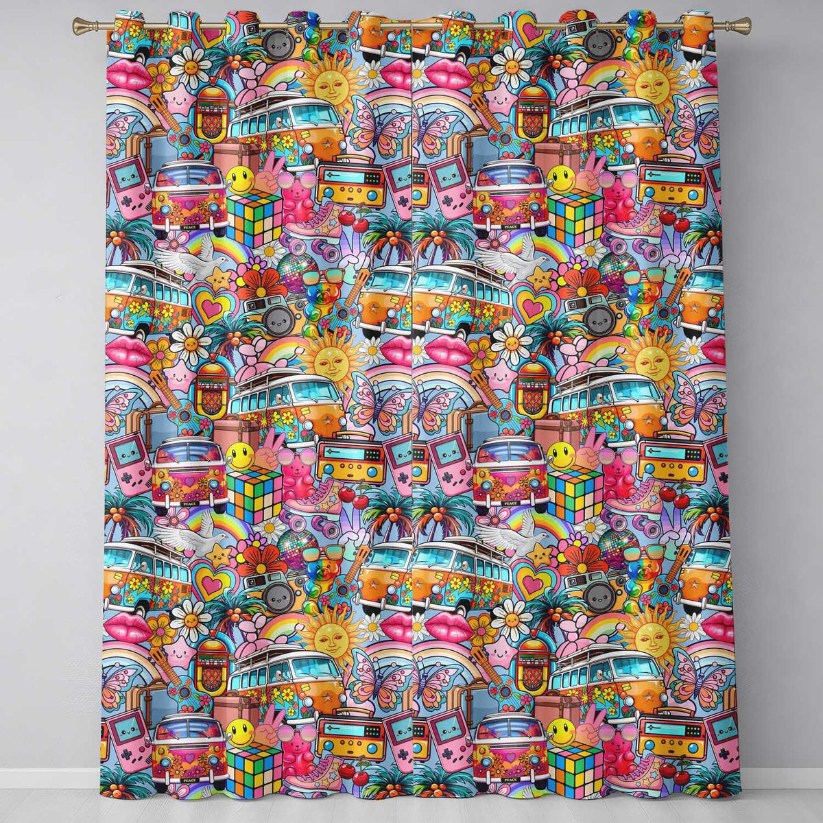 Hippie Van Rainbow Smiley Music Collage Blue Background Seamless Pattern Readymade Eyelet Ring Top Thermal 100% Blackout Curtains