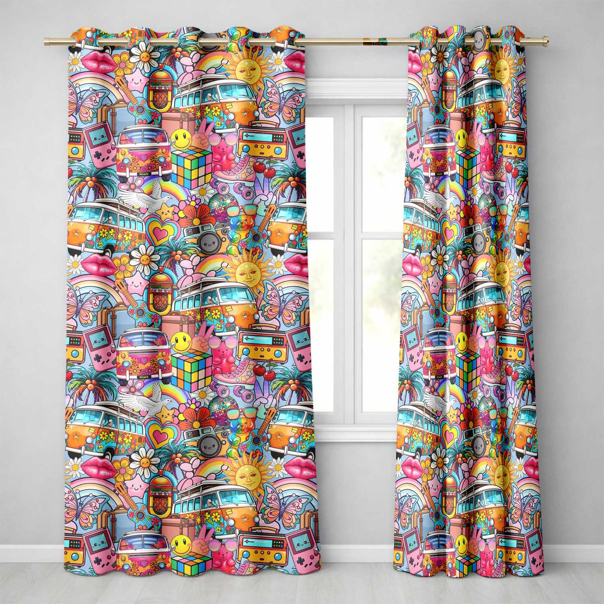 Hippie Van Rainbow Smiley Music Collage Blue Background Seamless Pattern Readymade Eyelet Ring Top Thermal 100% Blackout Curtains