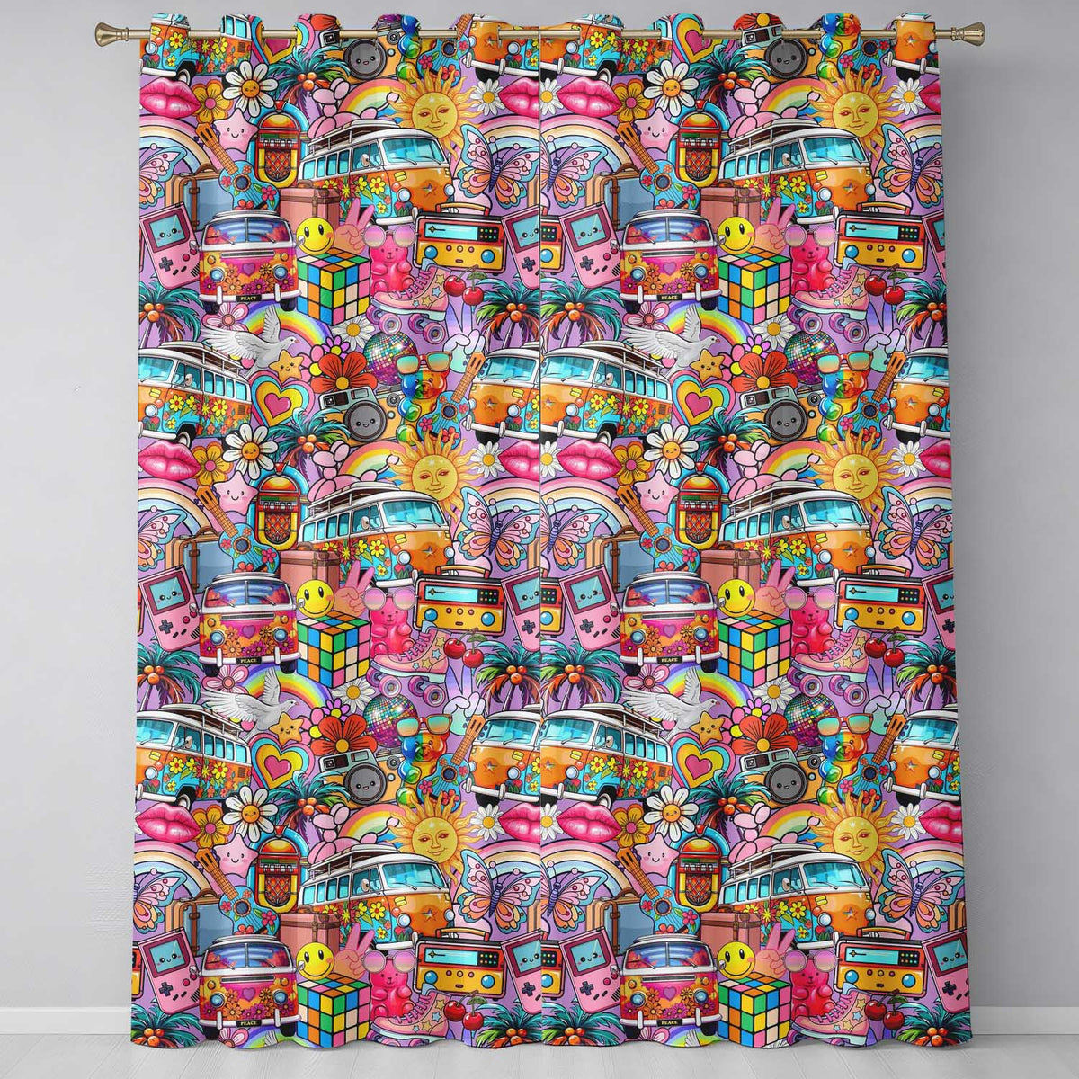Hippie Van Rainbow Smileys Music Collage Purple Background Seamless Pattern Readymade Eyelet Ring Top Thermal 100% Blackout Curtains