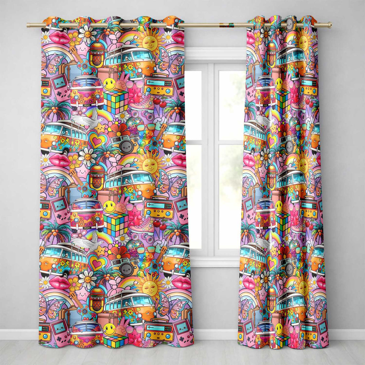 Hippie Van Rainbow Smileys Music Collage Purple Background Seamless Pattern Readymade Eyelet Ring Top Thermal 100% Blackout Curtains