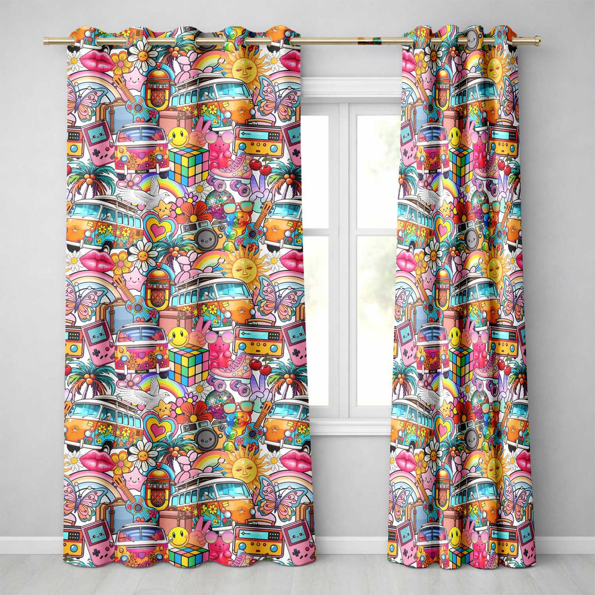 Hippie Rainbow Smileys Music Collage White Background Seamless Pattern Readymade Eyelet Ring Top Thermal 100% Blackout Curtains