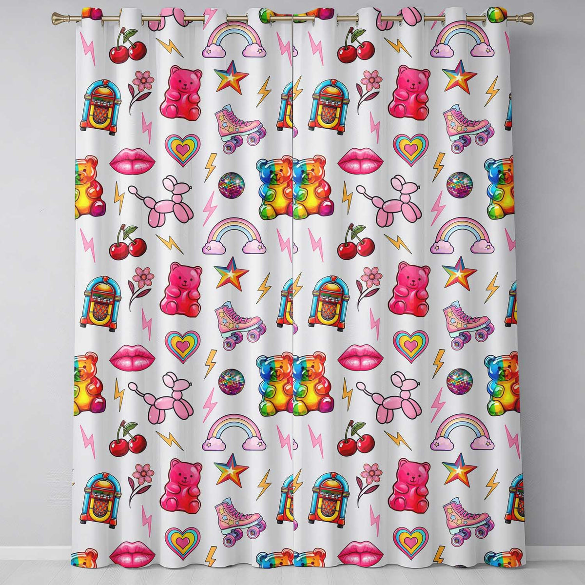 Gummy Bear Rainbow Roller Skate Cream Background Seamless Pattern Readymade Eyelet Ring Top Thermal 100% Blackout Curtains