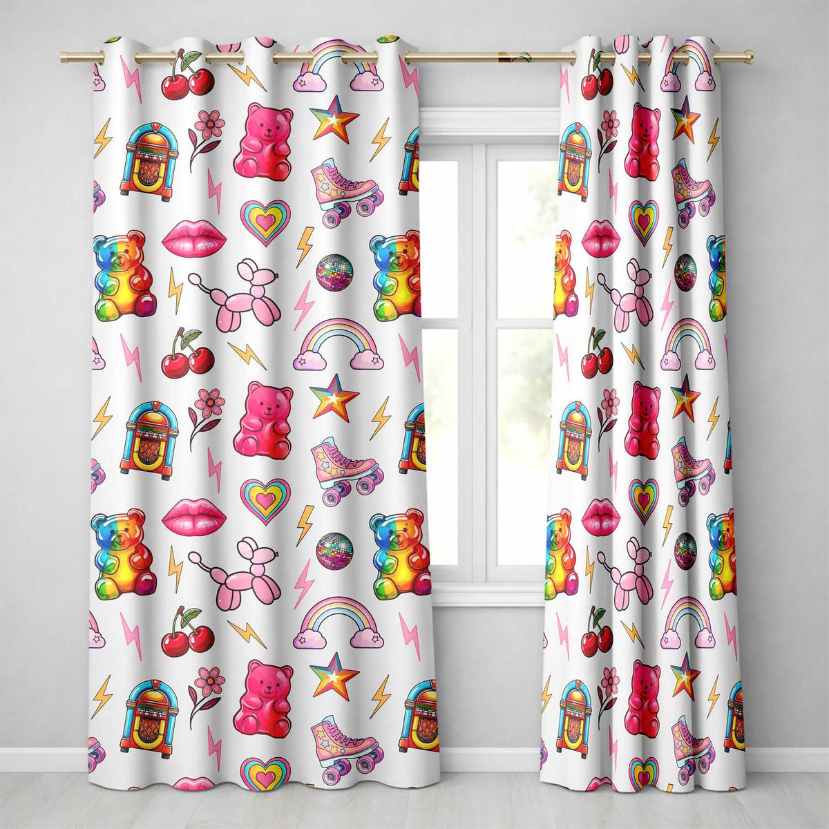Gummy Bear Rainbow Roller Skate Cream Background Seamless Pattern Readymade Eyelet Ring Top Thermal 100% Blackout Curtains