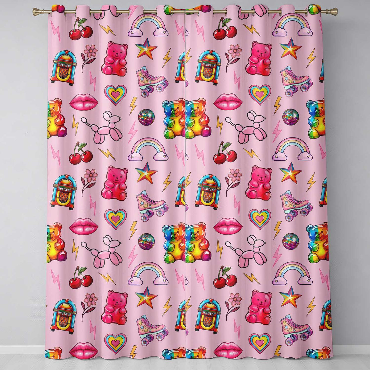 Gummy Bear Rainbow Roller Skate Blush Pink Background Seamless Pattern Readymade Eyelet Ring Top Thermal 100% Blackout Curtains