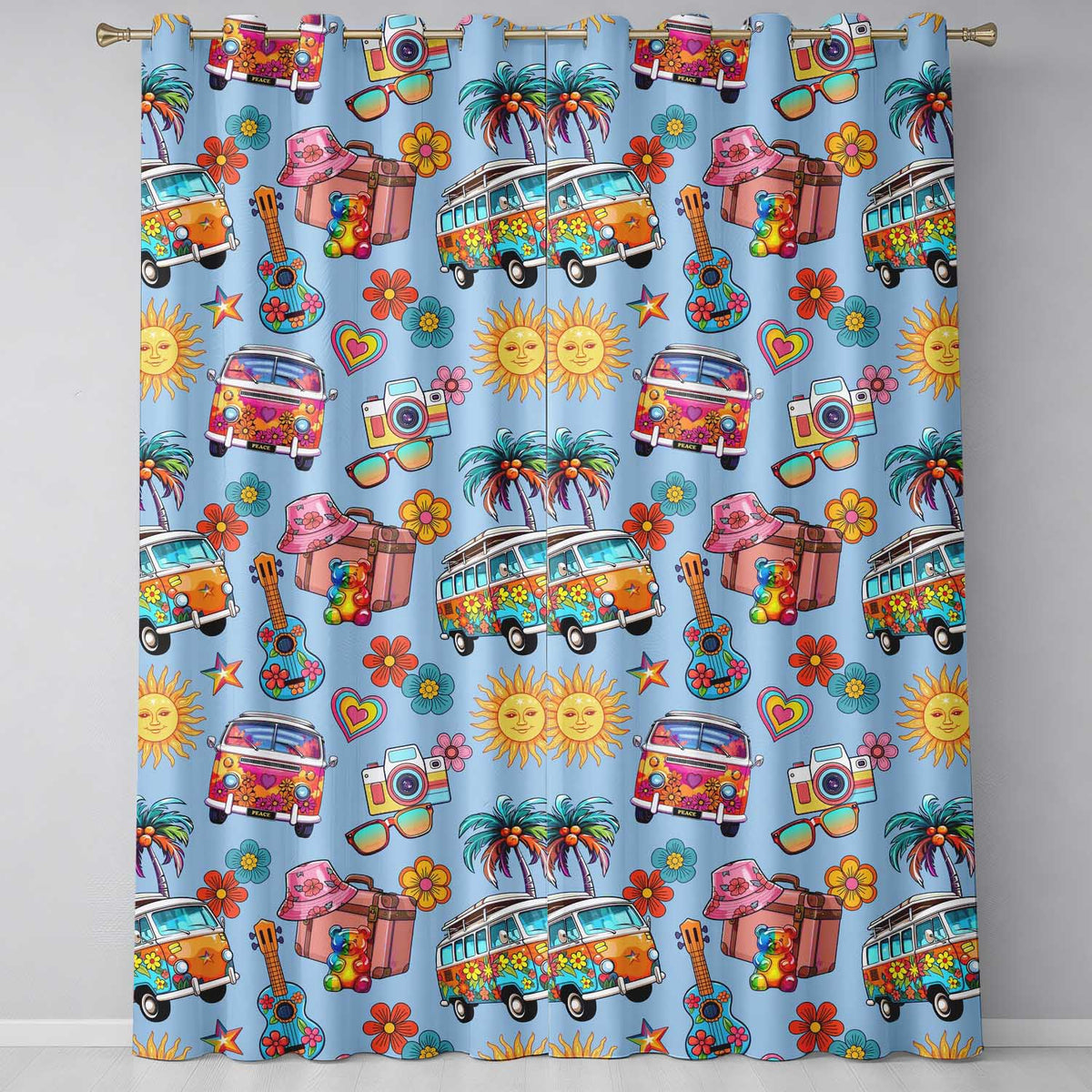 Hippie Van Camera Guitar Floral Travel Blue Background Seamless Pattern Readymade Eyelet Ring Top Thermal 100% Blackout Curtains
